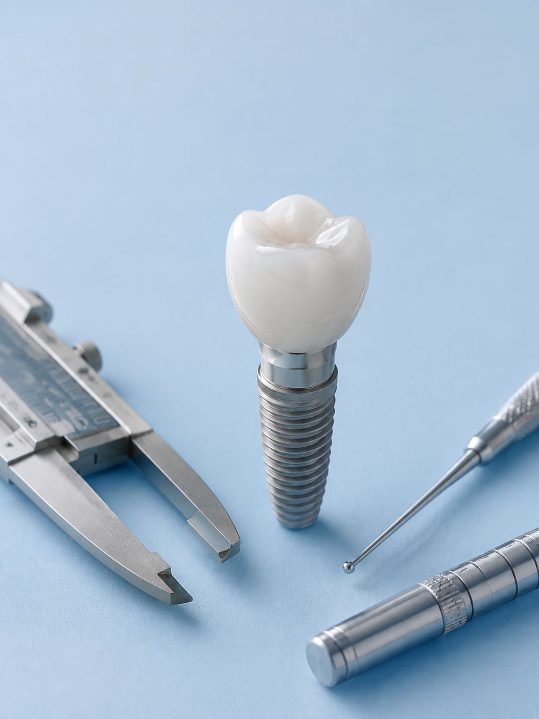 Modelo de implante e instrumentos usados no planejamento odontológico
