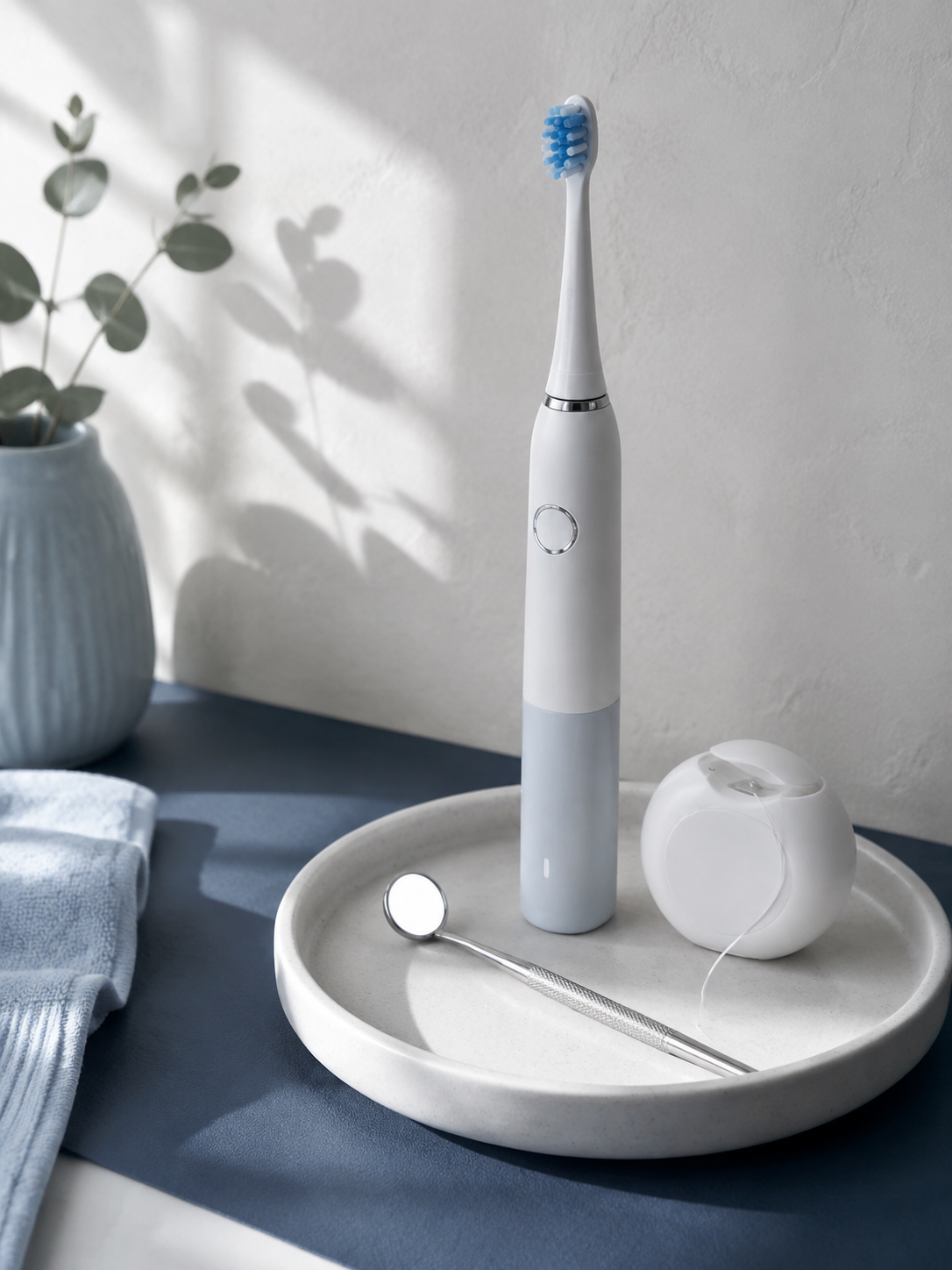 Escova elétrica, fio dental e espelho para cuidados de prevenção